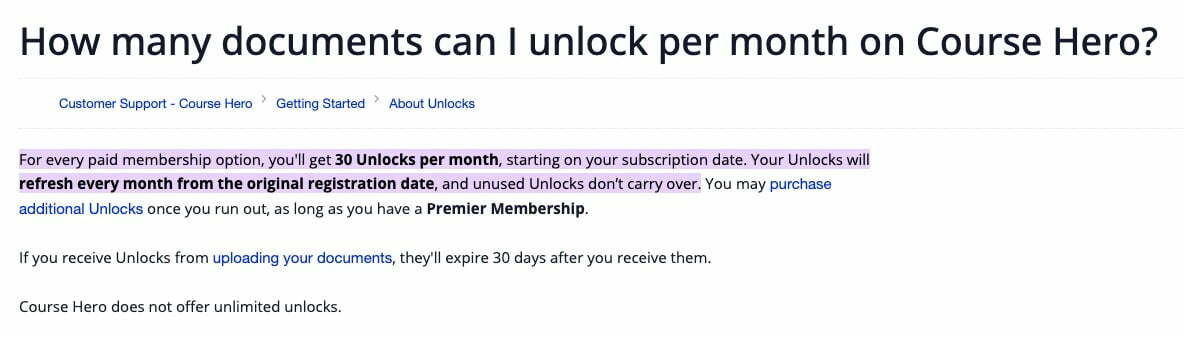 Số unlock khi mua gói trả phí Coursehero