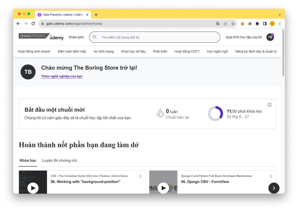 Đã đăng nhập thành công Udemy Business