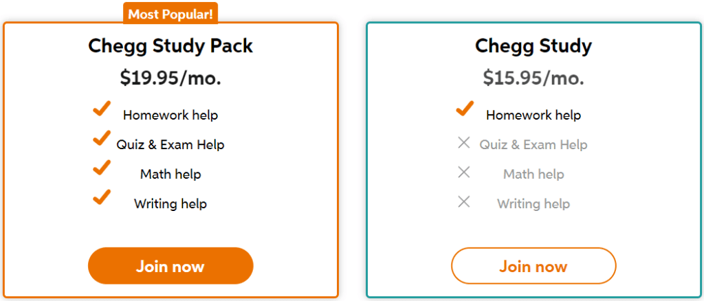 So sánh Chegg Study và Chegg Study Pack